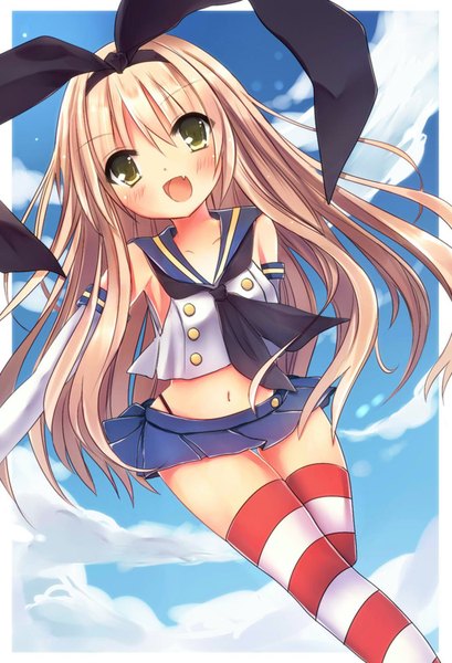 Anime picture 666x976 with kantai collection shimakaze destroyer asanagi kurumi (panda-doufu) single long hair tall image blush fringe open mouth light erotic blonde hair yellow eyes looking away sky cloud (clouds) bare belly fang (fangs) dutch angle zettai ryouiki framed