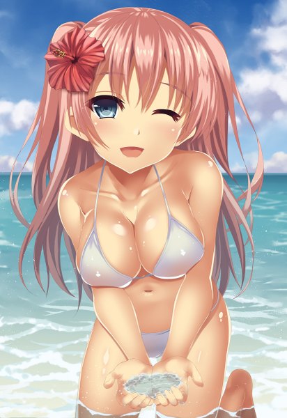 Anime picture 825x1200 with original tsukimizu (ordeal) single long hair tall image looking at viewer blush fringe breasts open mouth blue eyes light erotic smile hair between eyes large breasts bare shoulders holding payot pink hair sky