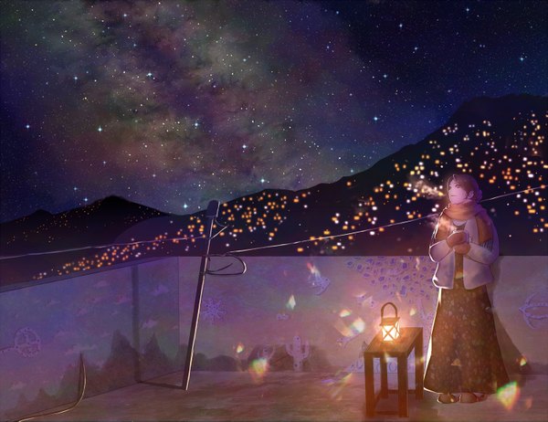 Anime picture 1500x1157 with original clarityblue single short hair brown hair standing holding brown eyes sky night winter mountain city lights milky way girl skirt scarf star (stars) table cup