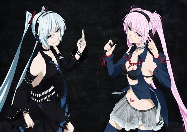 Anime picture 1850x1307 with type-h vocaloid hagane miku long hair highres purple eyes twintails bare shoulders multiple girls pink hair grey hair mmm middle finger girl skirt 2 girls detached sleeves necktie headphones cross