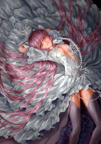 Anime picture 1200x1711 with mahou shoujo madoka magica shaft (studio) kaname madoka goddess madoka archlich single tall image looking at viewer yellow eyes pink hair very long hair arms behind head space magical girl skeleton girl thighhighs dress gloves ribbon (ribbons)