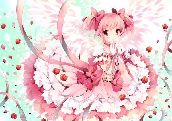 Anime picture 818x579 with mahou shoujo madoka magica shaft (studio) kaname madoka wataame27 single looking at viewer blush fringe short hair smile twintails pink hair pink eyes from above short twintails angel wings girl dress gloves flower (flowers)