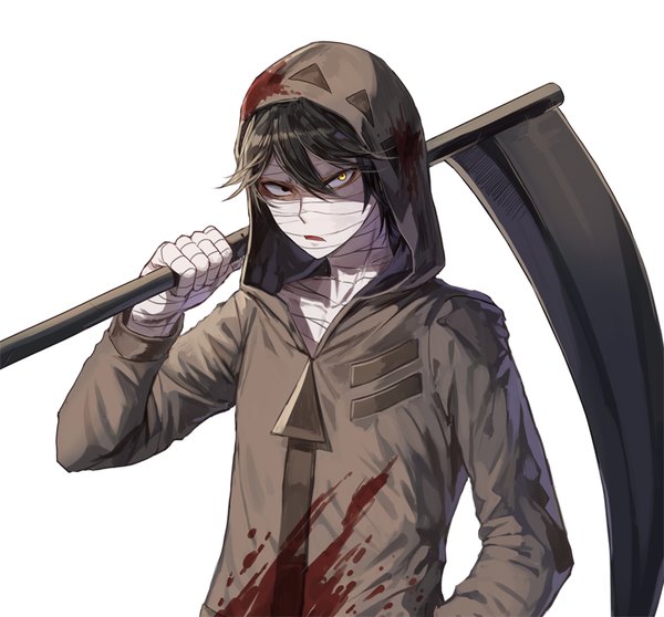 Anime picture 800x745 with satsuriku no tenshi zack (satsuriku no tenshi) kim eb single looking at viewer fringe short hair open mouth black hair simple background hair between eyes white background upper body heterochromia hand in pocket bloody clothes boy weapon hood blood