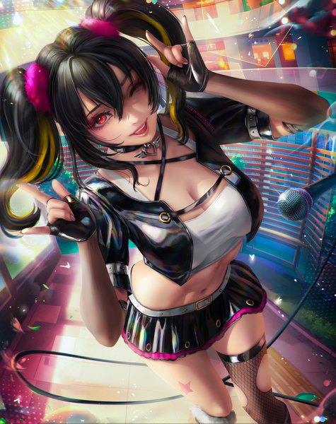 Anime picture 1920x2426 with love live! school idol project sunrise (studio) love live! yazawa nico axsen single tall image looking at viewer fringe highres breasts open mouth light erotic black hair hair between eyes red eyes large breasts standing twintails signed
