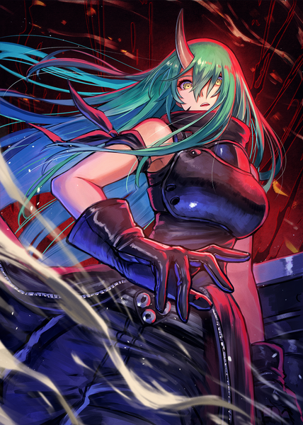 Anime-Bild 1212x1700 mit arknights hoshiguma (arknights) kuroi susumu single long hair tall image looking at viewer fringe breasts open mouth standing bare shoulders holding yellow eyes payot horn (horns) green hair wind hair over one eye from below