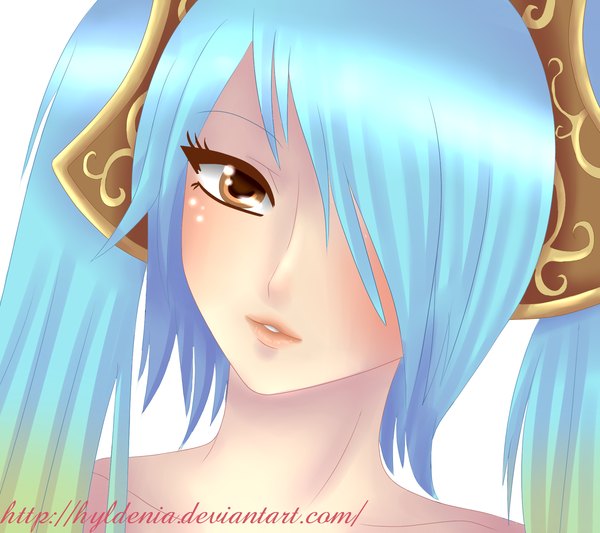 Anime picture 1800x1600 with league of legends sona buvelle hyldenia single long hair looking at viewer fringe highres brown eyes hair over one eye aqua hair face girl