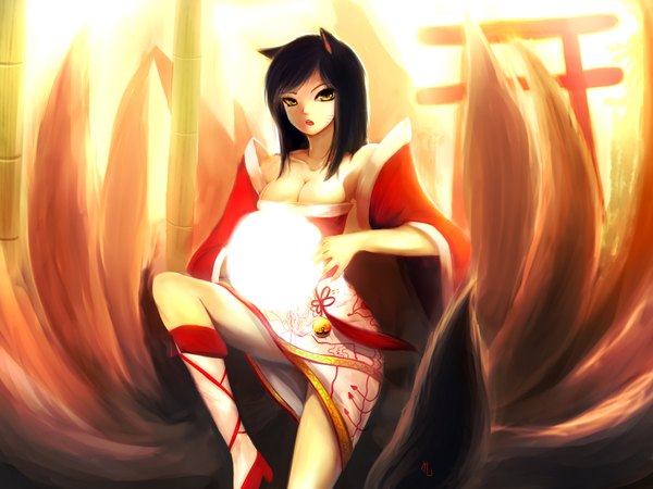 Anime picture 1600x1200 with league of legends ahri (league of legends) helrouis (artist) single long hair looking at viewer fringe breasts light erotic sitting animal ears yellow eyes cleavage purple hair tail traditional clothes facial mark multiple tails whisker markings girl