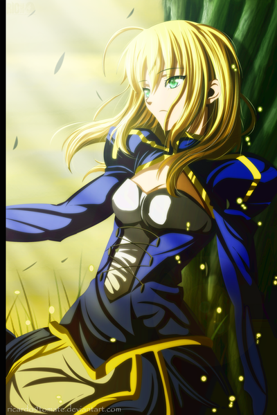 Anime picture 1500x2250 with fate (series) fate/zero type-moon artoria pendragon (all) saber ric9duran single long hair tall image blonde hair green eyes sky cloud (clouds) ahoge sunlight coloring girl dress