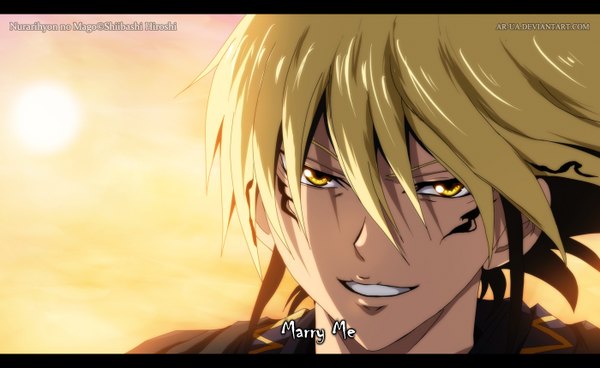 Anime picture 1400x860 with nurarihyon no mago nurarihyon ar-ua single long hair blonde hair smile wide image yellow eyes sky sunlight inscription coloring close-up face face paint boy sun