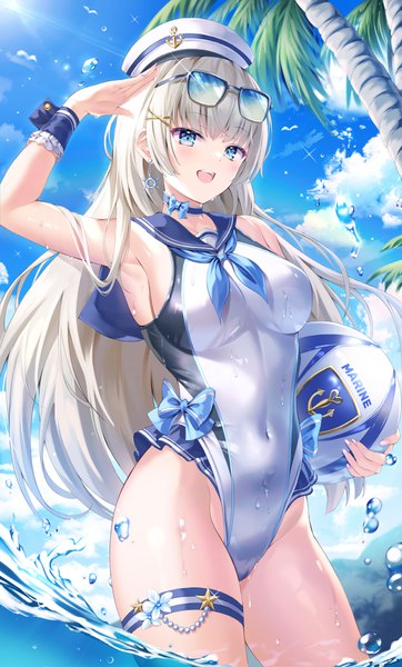 Anime picture 3000x4968 with original bnari single long hair tall image looking at viewer blush fringe highres breasts open mouth blue eyes light erotic blonde hair smile large breasts standing holding payot sky