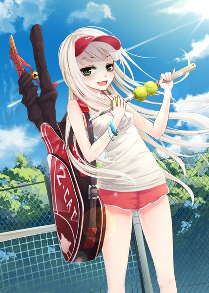 Anime picture 1000x1400 with original wait (artist) single long hair tall image looking at viewer open mouth green eyes sky cloud (clouds) white hair girl uniform weapon sword bracelet katana gym uniform flat cap