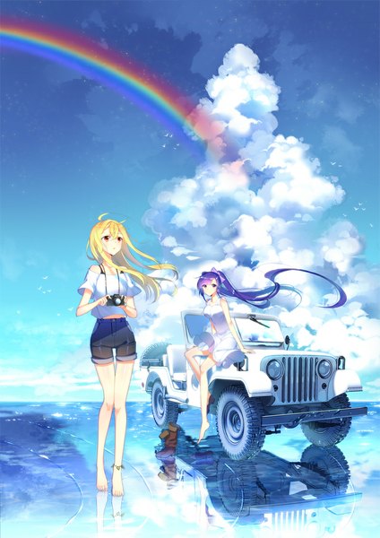Anime picture 800x1131 with original mimosa long hair tall image looking at viewer blush fringe open mouth blonde hair red eyes standing sitting purple eyes bare shoulders multiple girls holding looking away sky purple hair cloud (clouds)