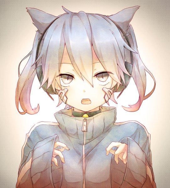 Anime picture 1096x1214 with kagerou project shaft (studio) ene (kagerou project) yoru (laciexalice) single tall image fringe short hair open mouth blue eyes twintails animal ears blue hair cat ears wide sleeves cat girl cat eyes girl headphones