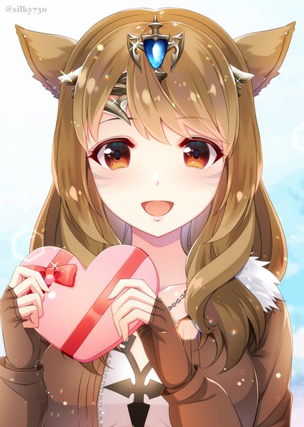 Anime-Bild 1069x1500 mit final fantasy final fantasy xiv square enix miqo'te silky (silky alice) single long hair tall image looking at viewer open mouth brown hair brown eyes signed animal ears upper body :d sparkle twitter username lens flare valentine