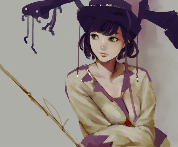 Anime picture 1145x945 with original mujiha (mlog) single short hair simple background brown eyes purple hair grey background crossed arms girl hat headdress