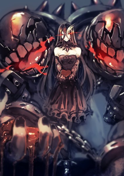 Anime picture 990x1400 with kantai collection battleship water oni kyouya (mukuro238) long hair tall image looking at viewer fringe blonde hair smile hair between eyes red eyes standing cleavage nail polish horn (horns) glowing glowing eye (eyes) black nail polish valentine oni horns