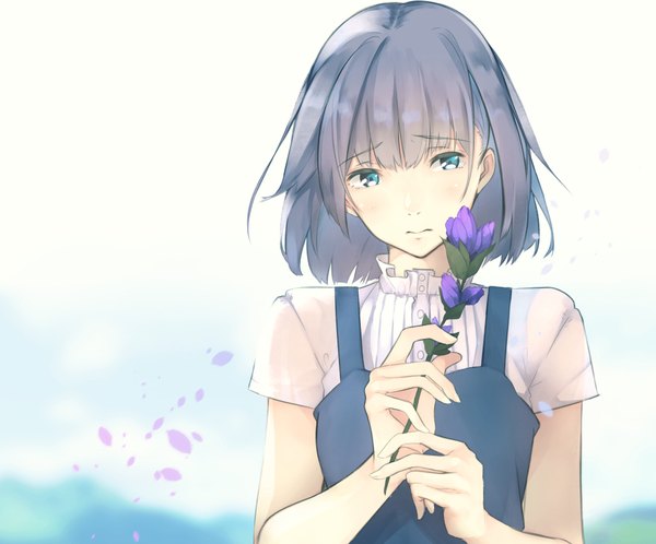 Anime picture 1044x866 with original fujiwara mizuki single short hair black hair holding upper body aqua eyes sad girl flower (flowers)