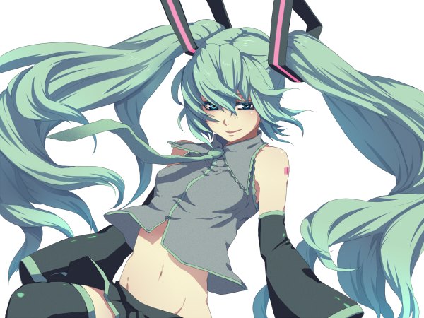 Anime picture 1200x900 with vocaloid hatsune miku nayu single long hair looking at viewer fringe smile hair between eyes twintails aqua eyes aqua hair midriff leg lift (legs lift) body writing girl thighhighs skirt navel black thighhighs