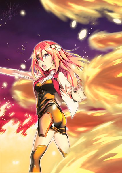 Anime picture 992x1403 with gakusen toshi asterisk julis-alexia van riessfeld keyliom single long hair tall image fringe open mouth hair between eyes standing signed payot ass :d orange hair sparkle from below orange eyes floating hair outstretched arm