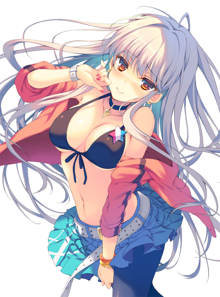 Anime picture 742x1000 with original reia single long hair tall image looking at viewer breasts light erotic simple background smile red eyes white background white hair girl skirt belt bikini top