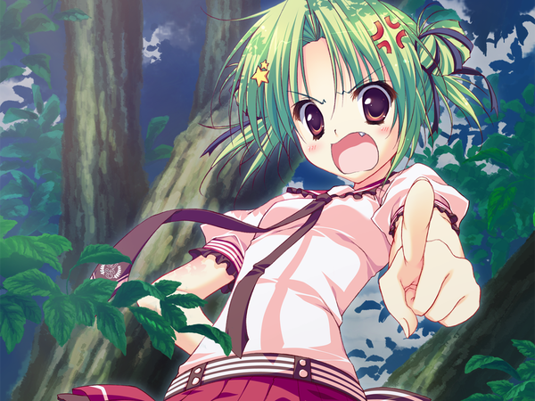 Anime picture 1280x960 with hoshizora e kakaru hashi doga kobo toudou koyori open mouth brown eyes game cg green hair teeth loli fang (fangs) angry girl uniform hair ornament ribbon (ribbons) hair ribbon school uniform serafuku necktie star (symbol)