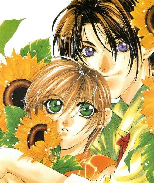 Anime picture 1260x1500 with yami no matsuei j.c. staff asato tsuzuki hisoka kurosaki tall image short hair blonde hair smile brown hair purple eyes green eyes light smile multiple boys hug boy flower (flowers) shirt 2 boys sunflower