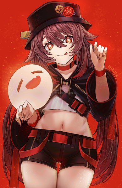 Anime picture 3300x5100 with genshin impact hu tao (genshin impact) boo tao (genshin impact) nekodayo22 single long hair tall image looking at viewer fringe highres simple background hair between eyes red eyes brown hair twintails signed absurdres midriff symbol-shaped pupils ass visible through thighs