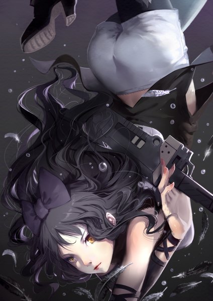 Anime picture 1500x2121 with rwby rooster teeth blake belladonna cici single long hair tall image looking at viewer black hair brown eyes dark background girl bow weapon hair bow sword shorts boots feather (feathers) white shorts
