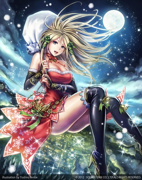 Anime picture 845x1072 with original anbe yoshirou single long hair tall image open mouth blue eyes blonde hair cloud (clouds) night christmas girl dress detached sleeves moon thigh boots
