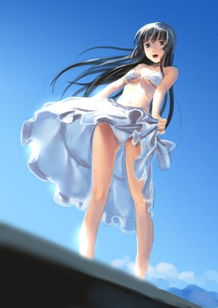 Anime picture 637x900 with original katahira masashi single long hair tall image looking at viewer breasts open mouth blue eyes light erotic black hair bare shoulders sky wind sunlight bare legs from below girl skirt navel