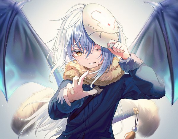 Anime picture 1500x1171 with tensei shitara slime datta ken 8bit rimuru tempest myung yi single long hair looking at viewer fringe hair between eyes yellow eyes blue hair upper body one eye closed fur trim tears outstretched hand demon wings mask on head androgynous weapon