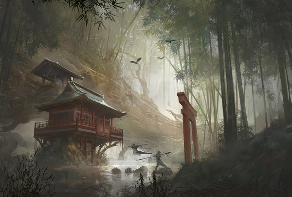 Anime picture 900x608 with original najtkriss (artist) standing flying jumping river battle lake warrior bamboo forest weapon plant (plants) animal tree (trees) water bird (birds) forest spear stone (stones) torii