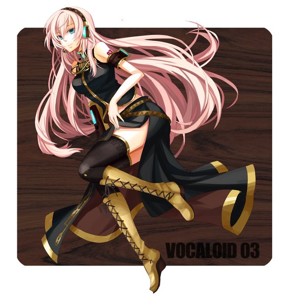 Anime picture 1600x1642 with vocaloid megurine luka osamu (jagabata) single long hair tall image blue eyes smile pink hair girl detached sleeves headphones