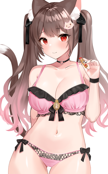 Anime picture 809x1300 with original katsushika pachi single long hair tall image looking at viewer blush fringe breasts light erotic simple background smile red eyes brown hair large breasts standing white background twintails holding animal ears