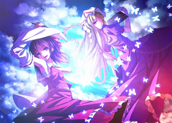 Anime picture 1024x737 with touhou hakurei reimu yakumo yukari ryosios long hair open mouth black hair blonde hair red eyes multiple girls sky cloud (clouds) one eye closed wink miko girl dress skirt 2 girls detached sleeves