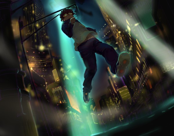 Anime picture 3070x2402 with kekkai sensen studio bones leonardo watch micaoz single looking at viewer fringe highres hair between eyes brown hair green eyes absurdres full body outdoors night night sky city light soles jumping