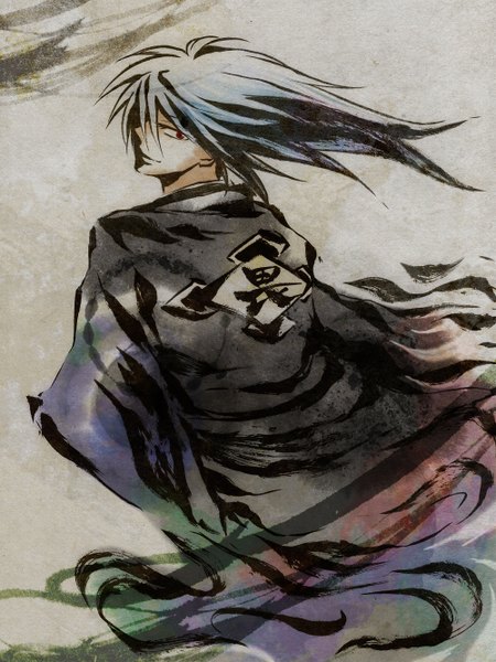 Anime picture 1000x1333 with nurarihyon no mago nura rikuo single long hair tall image black hair red eyes white hair traditional clothes japanese clothes looking back multicolored hair back hieroglyph boy