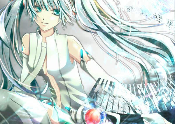 Anime picture 2000x1414 with vocaloid vocaloid append hatsune miku hatsune miku (append) long hair highres twintails green eyes green hair girl detached sleeves headphones