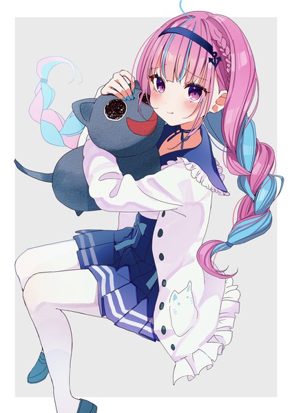 Anime picture 2026x2865 with virtual youtuber hololive minato aqua minato aqua (sailor) neko (minato aqua) yoshioka pochi single long hair tall image blush highres simple background smile ahoge braid (braids) multicolored hair grey background two-tone hair twin braids official alternate costume