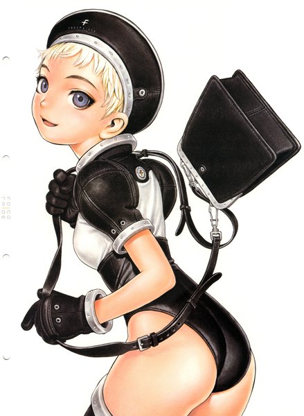 Anime picture 3000x4098 with form code (artbook) range murata single tall image looking at viewer highres short hair open mouth blue eyes light erotic simple background blonde hair smile white background ass looking back from behind scan short sleeves puffy sleeves