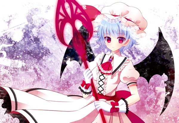 Anime picture 2122x1461 with touhou remilia scarlet toorutsuki hajime single looking at viewer highres short hair red eyes blue hair girl dress gloves bow weapon wings bonnet spear the gungnir