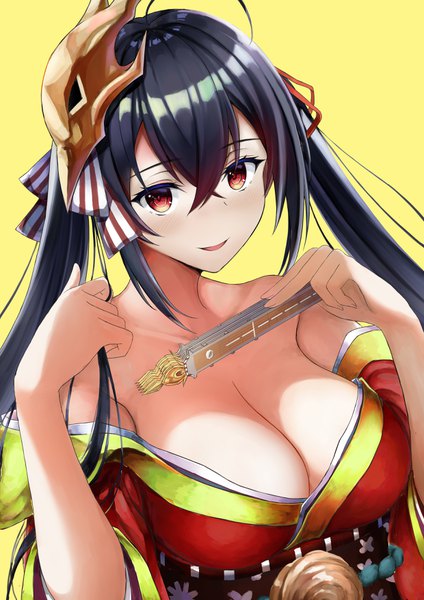 Anime picture 2480x3507 with azur lane taihou (azur lane) eroge- single long hair tall image looking at viewer blush fringe highres breasts open mouth light erotic black hair simple background smile hair between eyes red eyes large breasts twintails