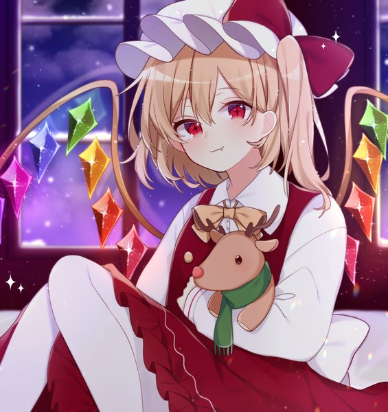 Anime picture 1600x1700 with touhou flandre scarlet yurui tuhu single tall image blush fringe short hair blonde hair hair between eyes red eyes sitting sparkle fang (fangs) one side up symbol-shaped pupils + + girl hat pantyhose
