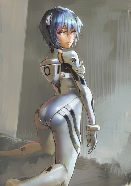 Anime picture 707x1000 with neon genesis evangelion gainax ayanami rei aro (charged time out) single tall image looking at viewer short hair blue hair looking back orange eyes kneeling girl bodysuit pilot suit