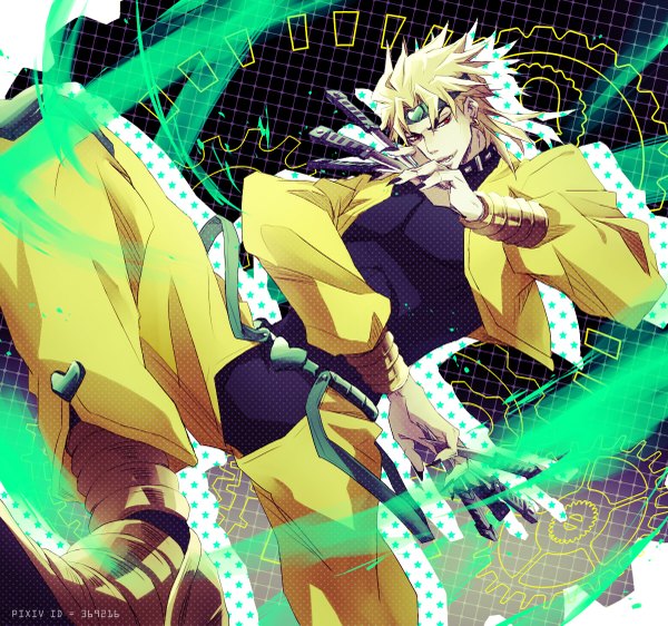 Anime picture 1200x1125 with jojo no kimyou na bouken dio brando ankai (rappelzankai) single short hair open mouth blonde hair smile red eyes signed looking away nail polish fingernails long fingernails boy weapon earrings heart hairband knife