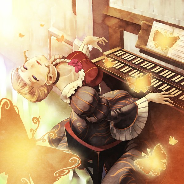Anime picture 1000x1000 with umineko no naku koro ni beatrice kunieda single fringe short hair breasts open mouth blonde hair sitting glowing playing instrument girl dress bow insect butterfly chair musical instrument piano