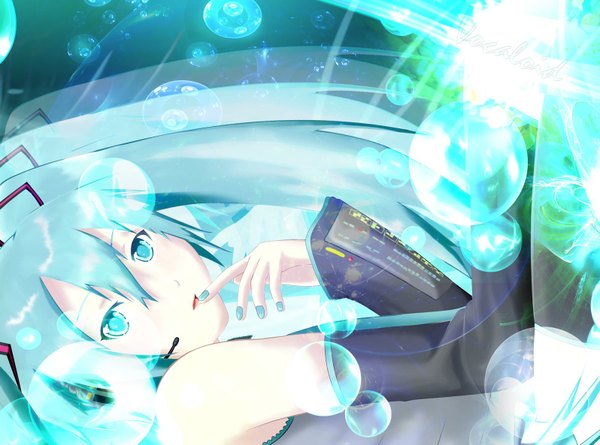 Anime picture 1595x1185 with vocaloid hatsune miku single long hair looking at viewer fringe hair between eyes twintails nail polish parted lips aqua eyes aqua hair lens flare finger to mouth girl hair ornament detached sleeves bubble (bubbles) headset