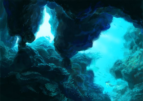 Anime picture 1228x868 with original osaki (pixiv) underwater plant (plants) water bubble (bubbles) fish (fishes) mermaid
