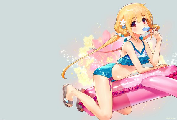 Anime picture 1500x1018 with idolmaster idolmaster cinderella girls futaba anzu ainy single long hair looking at viewer blush light erotic simple background blonde hair red eyes twintails payot full body hair flower grey background low twintails flat chest girl