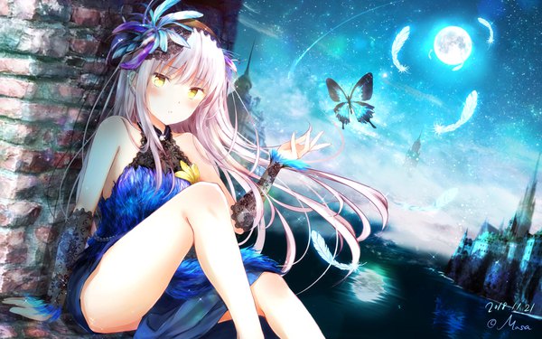 Anime picture 1920x1200 with bang dream! minato yukina masa (mirage77) single long hair looking at viewer blush fringe highres sitting bare shoulders signed yellow eyes silver hair bent knee (knees) parted lips arm up wind night arm support